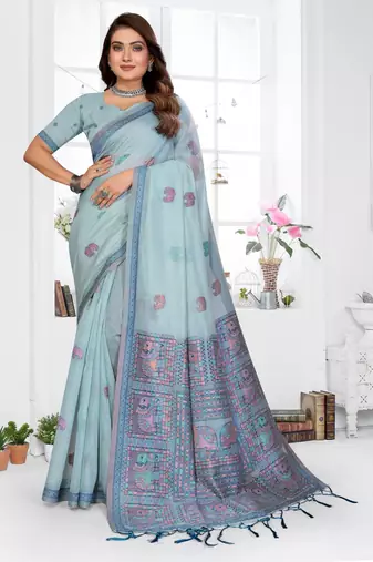 blue jacquard cotton blend saree with blouse 