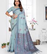 blue jacquard cotton blend saree with blouse 