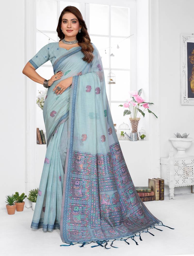 blue jacquard cotton blend saree with blouse 