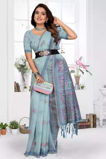 blue jacquard cotton blend saree with blouse 