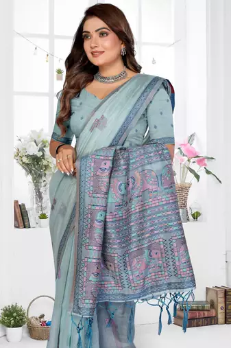 blue jacquard cotton blend saree with blouse 