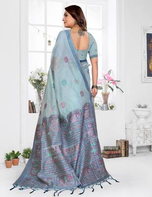 blue jacquard cotton blend saree with blouse  4