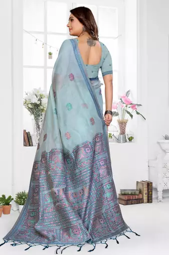 blue jacquard cotton blend saree with blouse 