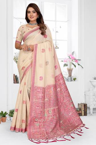 off white jacquard cotton blend saree with blouse 