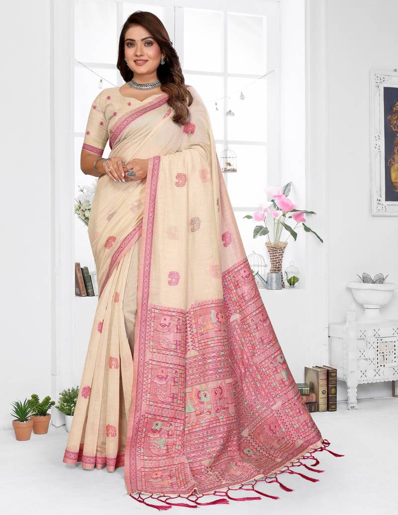 off white jacquard cotton blend saree with blouse 