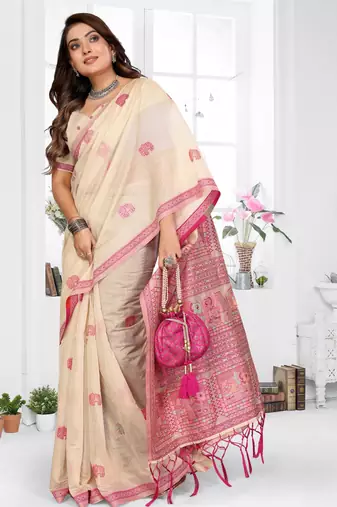 off white jacquard cotton blend saree with blouse 