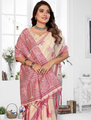 off white jacquard cotton blend saree with blouse  3