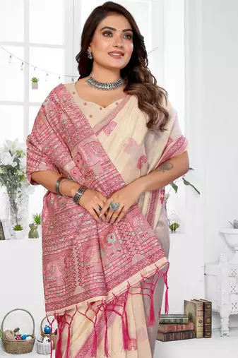 off white jacquard cotton blend saree with blouse 