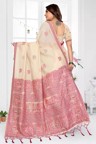 off white jacquard cotton blend saree with blouse 