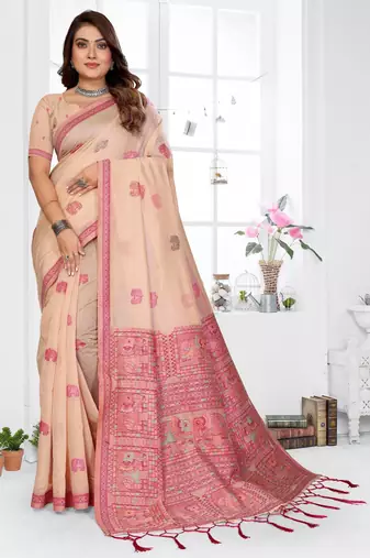 beige jacquard cotton blend saree with blouse 
