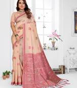 beige jacquard cotton blend saree with blouse 