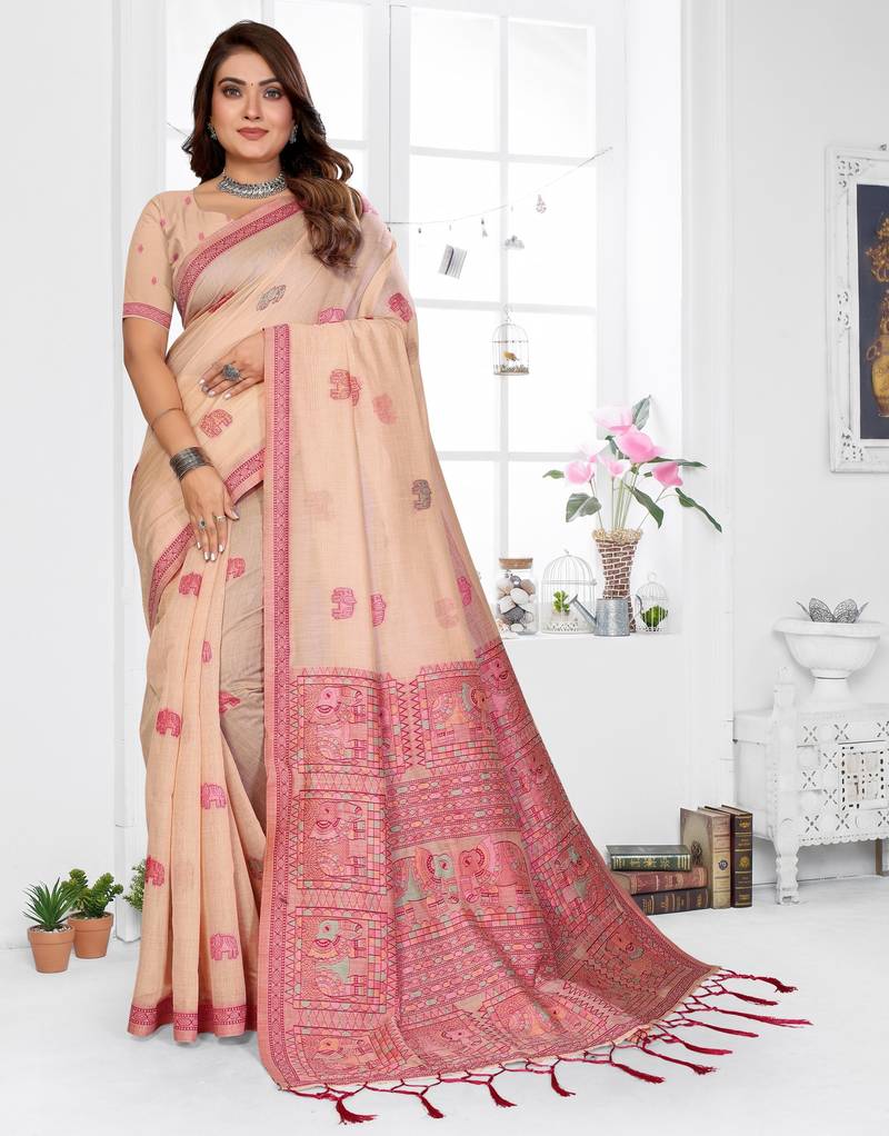beige jacquard cotton blend saree with blouse 
