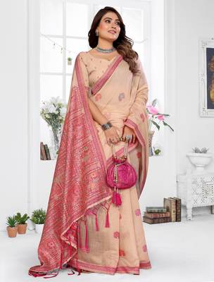 beige jacquard cotton blend saree with blouse  2