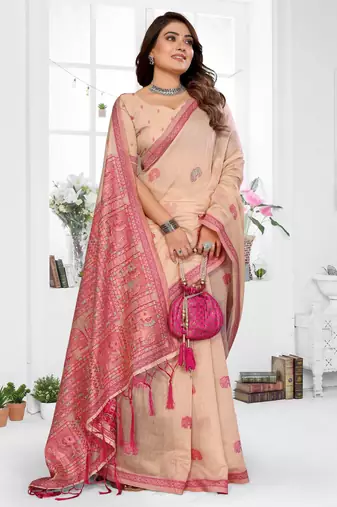 beige jacquard cotton blend saree with blouse 