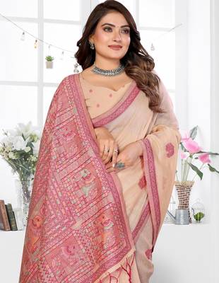 beige jacquard cotton blend saree with blouse  3