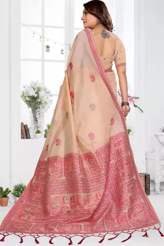 beige jacquard cotton blend saree with blouse 