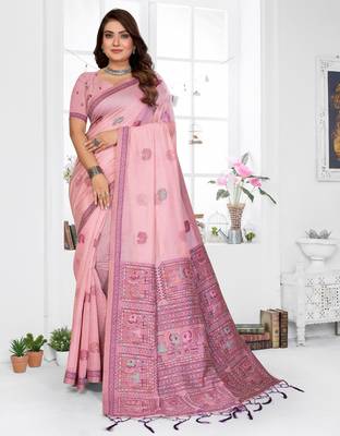 pink jacquard cotton blend saree with blouse  1