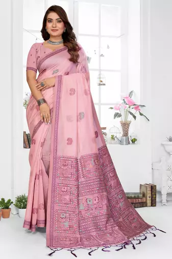 pink jacquard cotton blend saree with blouse 