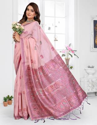 pink jacquard cotton blend saree with blouse  2