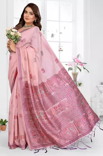 pink jacquard cotton blend saree with blouse 