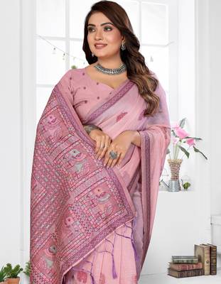 pink jacquard cotton blend saree with blouse  3
