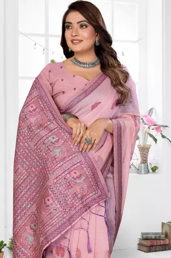 pink jacquard cotton blend saree with blouse 