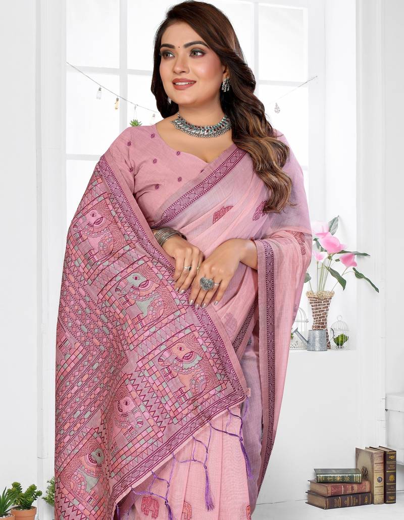 pink jacquard cotton blend saree with blouse 