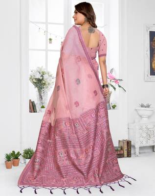 pink jacquard cotton blend saree with blouse  4