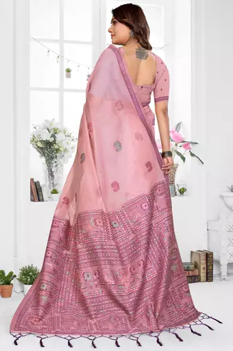 pink jacquard cotton blend saree with blouse 