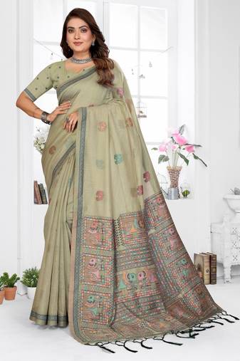 sage jacquard cotton blend saree with blouse 