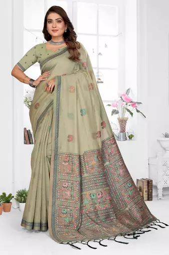 sage jacquard cotton blend saree with blouse 