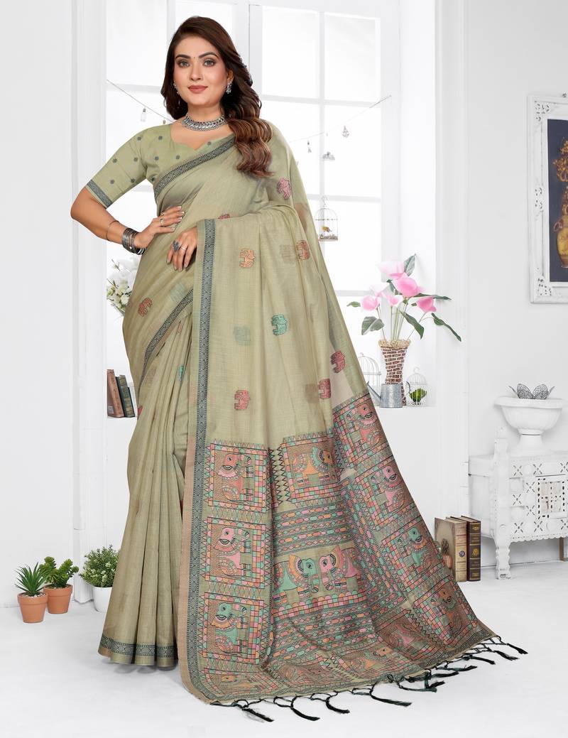 sage jacquard cotton blend saree with blouse 
