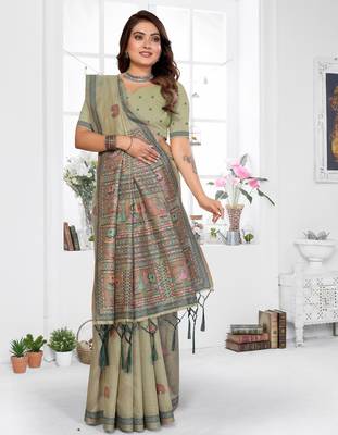 sage jacquard cotton blend saree with blouse  2
