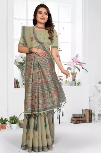 sage jacquard cotton blend saree with blouse 