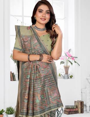 sage jacquard cotton blend saree with blouse  3