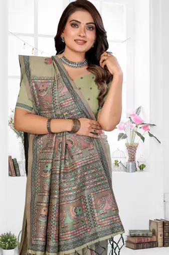 sage jacquard cotton blend saree with blouse 