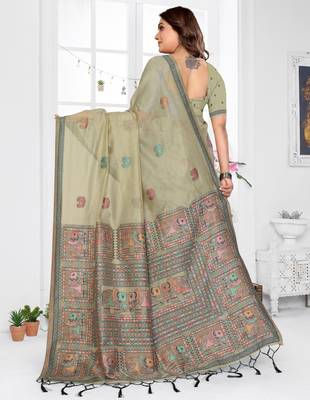 sage jacquard cotton blend saree with blouse  4