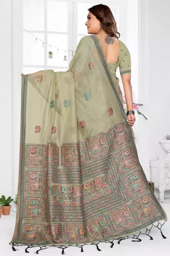 sage jacquard cotton blend saree with blouse 
