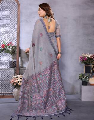 lavender jacquard cotton blend saree with blouse  4