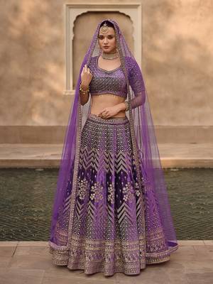 Purple Velvet Heavy Sequins Embroidery Work Bridal Lehenga with Unstitched Blouse and Net Dupatta 1