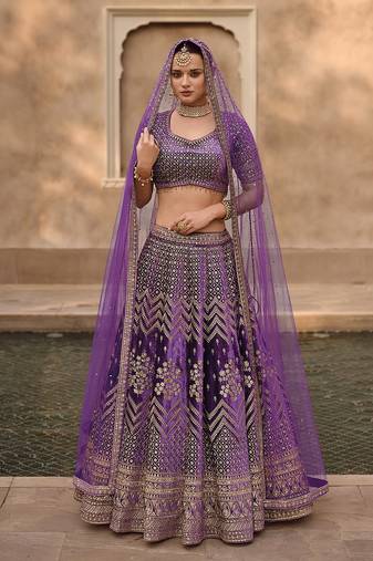 Purple Velvet Heavy Sequins Embroidery Work Bridal Lehenga with Unstitched Blouse and Net Dupatta