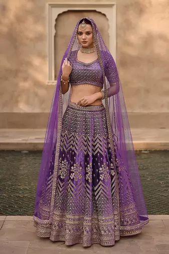 Purple Velvet Heavy Sequins Embroidery Work Bridal Lehenga with Unstitched Blouse and Net Dupatta