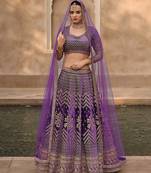 Purple Velvet Heavy Sequins Embroidery Work Bridal Lehenga with Unstitched Blouse and Net Dupatta