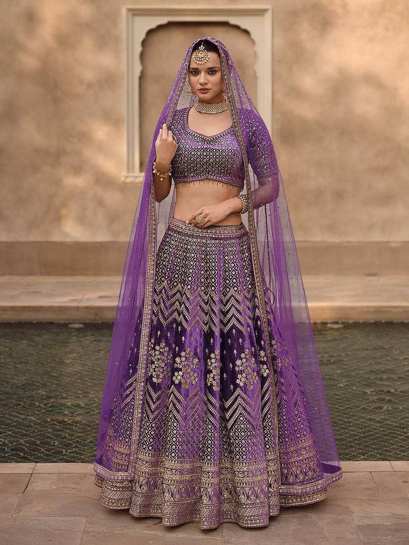 Purple Velvet Heavy Sequins Embroidery Work Bridal Lehenga with Unstitched Blouse and Net Dupatta