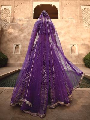 Purple Velvet Heavy Sequins Embroidery Work Bridal Lehenga with Unstitched Blouse and Net Dupatta 2