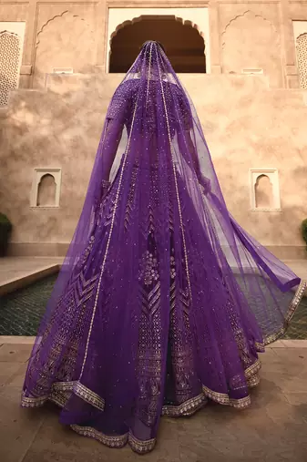 Purple Velvet Heavy Sequins Embroidery Work Bridal Lehenga with Unstitched Blouse and Net Dupatta