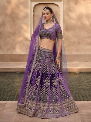 Purple Velvet Heavy Sequins Embroidery Work Bridal Lehenga with Unstitched Blouse and Net Dupatta 3