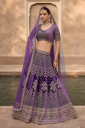 Purple Velvet Heavy Sequins Embroidery Work Bridal Lehenga with Unstitched Blouse and Net Dupatta