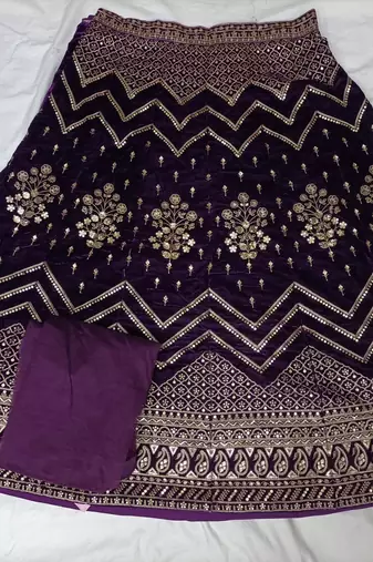 Purple Velvet Heavy Sequins Embroidery Work Bridal Lehenga with Unstitched Blouse and Net Dupatta