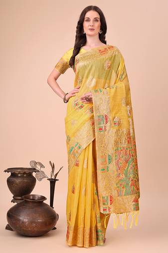 yellow woven cotton blend saree with artisanal motifs